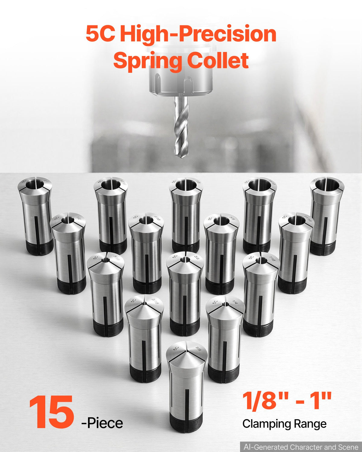 VEVOR 5C Collet Set 1/8"-1" 15 Piece Precision 5C Round Collet Chuck Set, for Milling Machine Drill Presses, 0.0008" TIR High Concentricity, Lathe Chuck Tool with Storage Case, Hardened & Ground - 5CJTTZYJT15JZSNSB001V0 - view 3