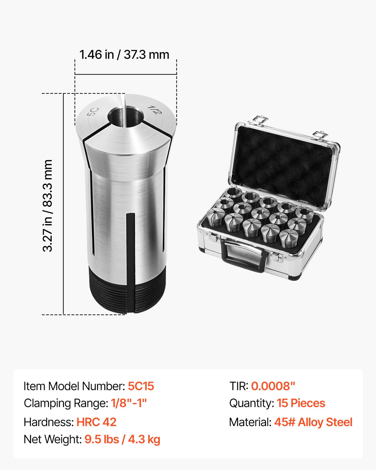 VEVOR 5C Collet Set 1/8"-1" 15 Piece Precision 5C Round Collet Chuck Set, for Milling Machine Drill Presses, 0.0008" TIR High Concentricity, Lathe Chuck Tool with Storage Case, Hardened & Ground - 5CJTTZYJT15JZSNSB001V0 - view 8