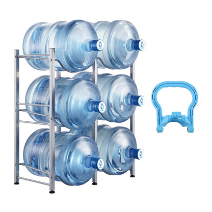 VEVOR 3 Tiers Water Jug Holder, 5 Gallon Water Bottle Holder, Double Row Water Bottle Rack for 6 Bottles, Heavy Duty Water Jug Rack for Kitchen, Office, Living Room, Silver - 5JLTZSSTSTZC08EPUV0 - view 1