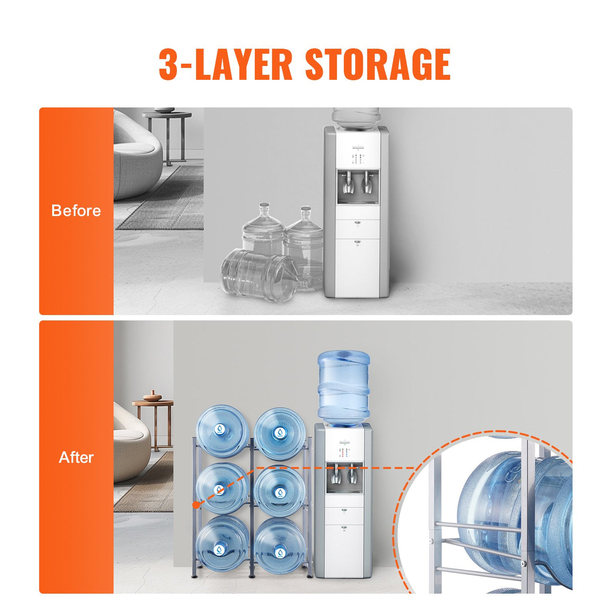 VEVOR 3 Tiers Water Jug Holder, 5 Gallon Water Bottle Holder, Double Row Water Bottle Rack for 6 Bottles, Heavy Duty Water Jug Rack for Kitchen, Office, Living Room, Silver - 5JLTZSSTSTZC08EPUV0 - view 4