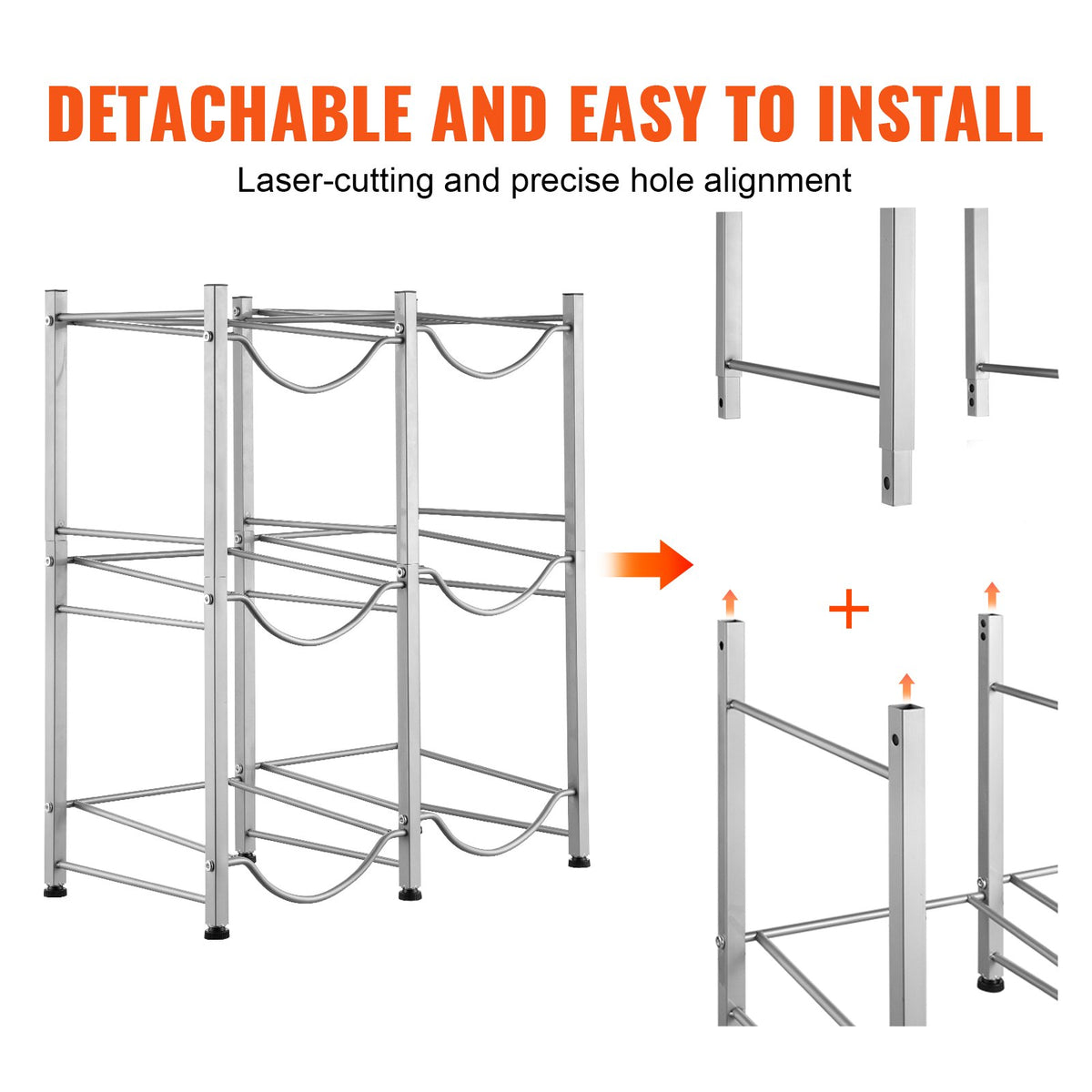 VEVOR 3 Tiers Water Jug Holder, 5 Gallon Water Bottle Holder, Double Row Water Bottle Rack for 6 Bottles, Heavy Duty Water Jug Rack for Kitchen, Office, Living Room, Silver - 5JLTZSSTSTZC08EPUV0 - view 5