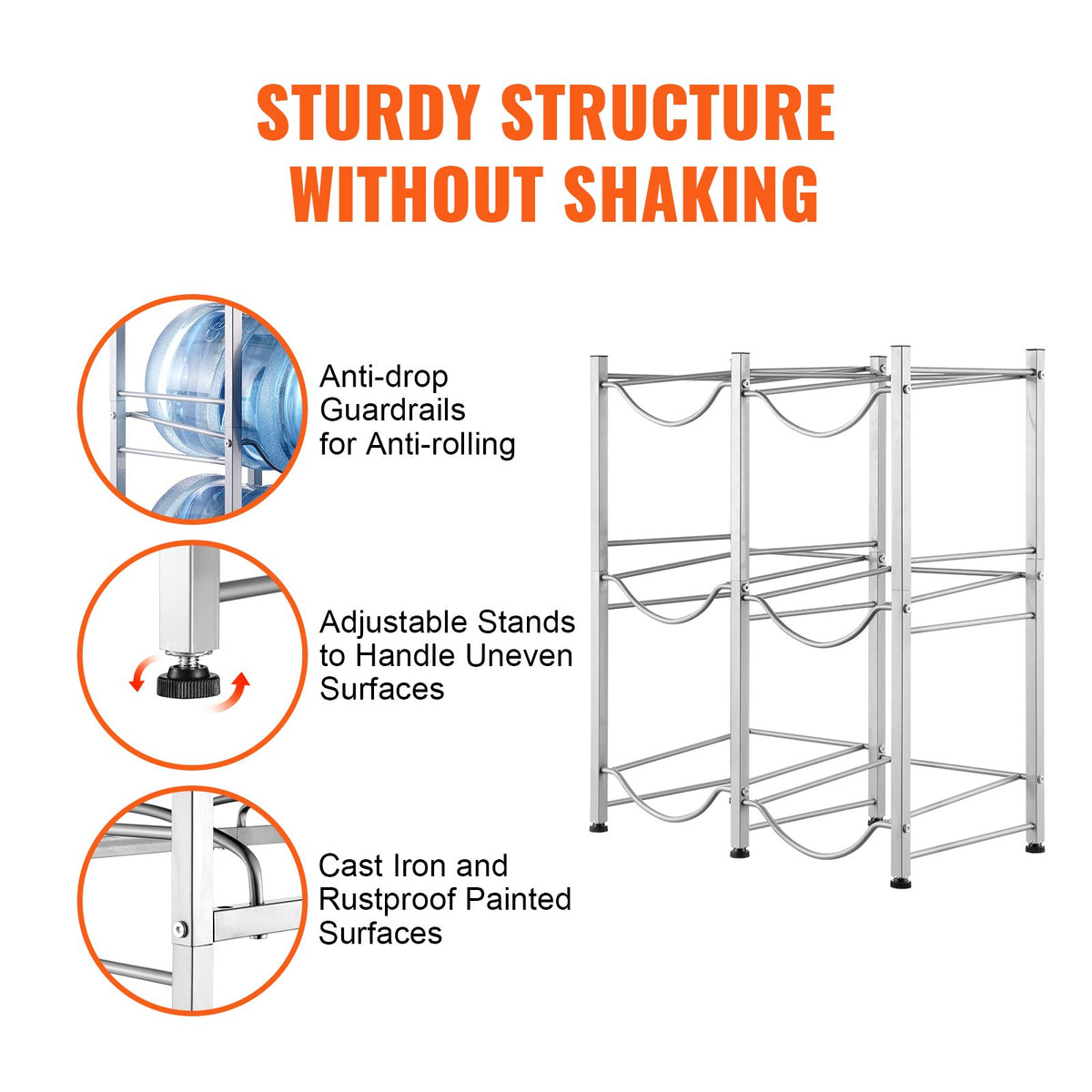 VEVOR 3 Tiers Water Jug Holder, 5 Gallon Water Bottle Holder, Double Row Water Bottle Rack for 6 Bottles, Heavy Duty Water Jug Rack for Kitchen, Office, Living Room, Silver - 5JLTZSSTSTZC08EPUV0 - view 6