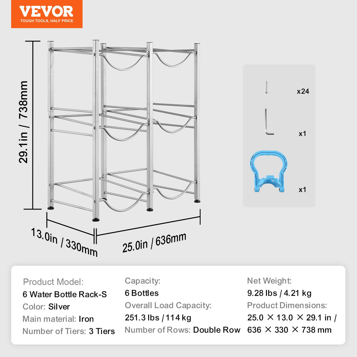 VEVOR 3 Tiers Water Jug Holder, 5 Gallon Water Bottle Holder, Double Row Water Bottle Rack for 6 Bottles, Heavy Duty Water Jug Rack for Kitchen, Office, Living Room, Silver - 5JLTZSSTSTZC08EPUV0 - view 8