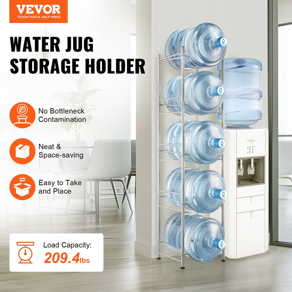 VEVOR 5 Tiers Water Jug Holder, 5 Gallon Water Bottle Holder, Single Row Water Bottle Rack for 5 Bottles, Heavy Duty Water Jug Rack for Kitchen, Office, Living Room, Silver - 5JLTZSSTSTZC0COMZV0 - view 3