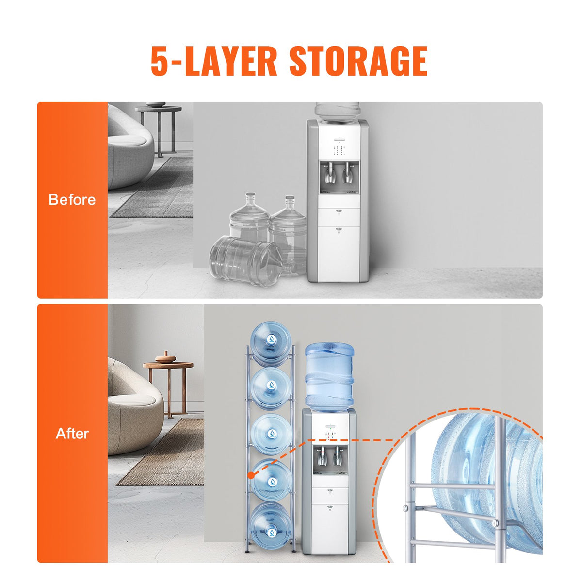 VEVOR 5 Tiers Water Jug Holder, 5 Gallon Water Bottle Holder, Single Row Water Bottle Rack for 5 Bottles, Heavy Duty Water Jug Rack for Kitchen, Office, Living Room, Silver - 5JLTZSSTSTZC0COMZV0 - view 4