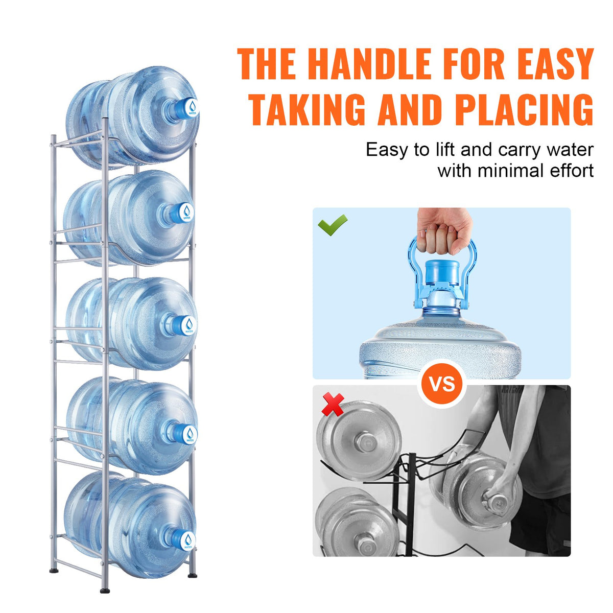 VEVOR 5 Tiers Water Jug Holder, 5 Gallon Water Bottle Holder, Single Row Water Bottle Rack for 5 Bottles, Heavy Duty Water Jug Rack for Kitchen, Office, Living Room, Silver - 5JLTZSSTSTZC0COMZV0 - view 7