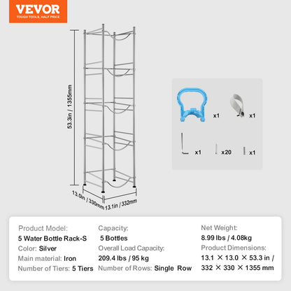 VEVOR 5 Tiers Water Jug Holder, 5 Gallon Water Bottle Holder, Single Row Water Bottle Rack for 5 Bottles, Heavy Duty Water Jug Rack for Kitchen, Office, Living Room, Silver - 5JLTZSSTSTZC0COMZV0 - view 8