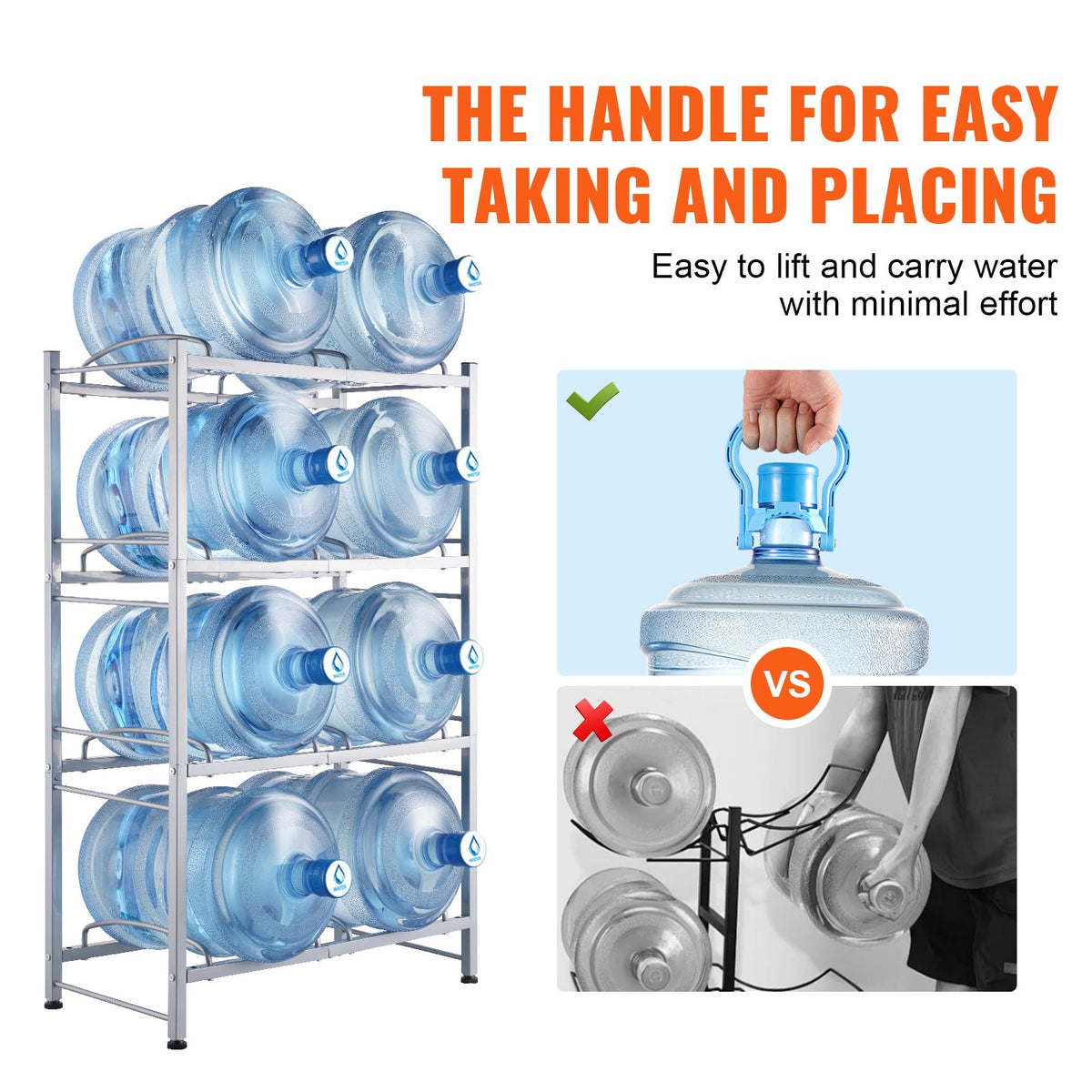 VEVOR 4 Tiers Water Jug Holder, 5 Gallon Water Bottle Holder, Double Row Water Bottle Rack for 8 Bottles, Heavy Duty Water Jug Rack for Kitchen, Office, Living Room, Silver - 5JLTZSSTSTZCDLTQOV0 - view 7