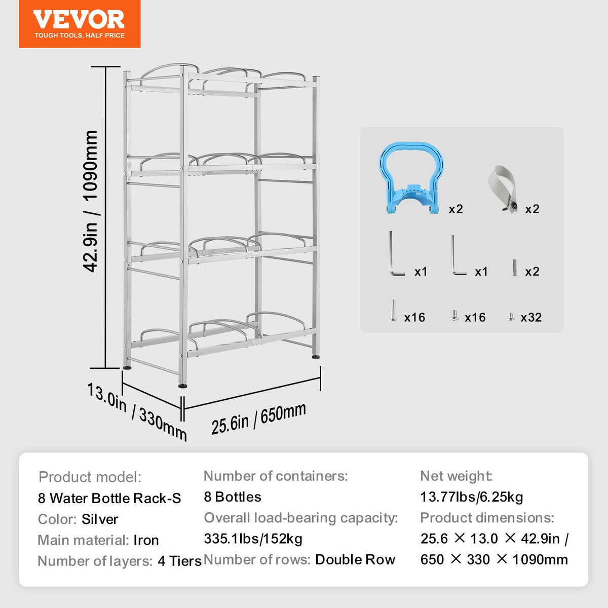 VEVOR 4 Tiers Water Jug Holder, 5 Gallon Water Bottle Holder, Double Row Water Bottle Rack for 8 Bottles, Heavy Duty Water Jug Rack for Kitchen, Office, Living Room, Silver - 5JLTZSSTSTZCDLTQOV0 - view 8