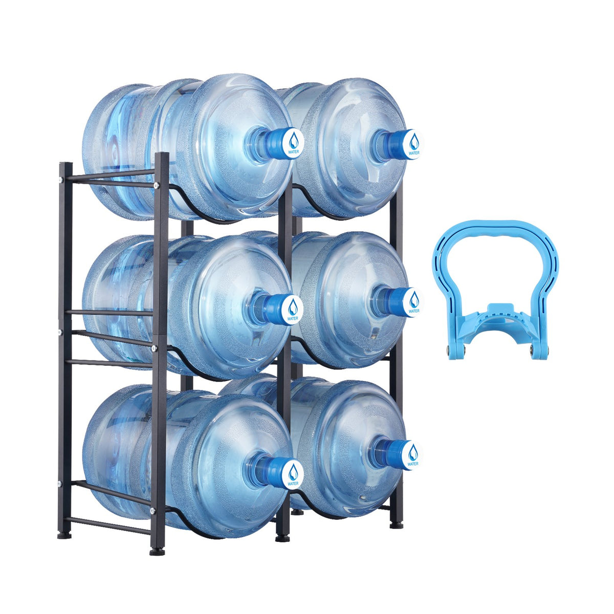 VEVOR 3 Tiers Water Jug Holder, 5 Gallon Water Bottle Holder, Double Row Water Bottle Rack for 6 Bottles, Heavy Duty Water Jug Rack for Kitchen, Office, Living Room, Black - 5JLTZSSTSTZCFE4HKV0 - view 1