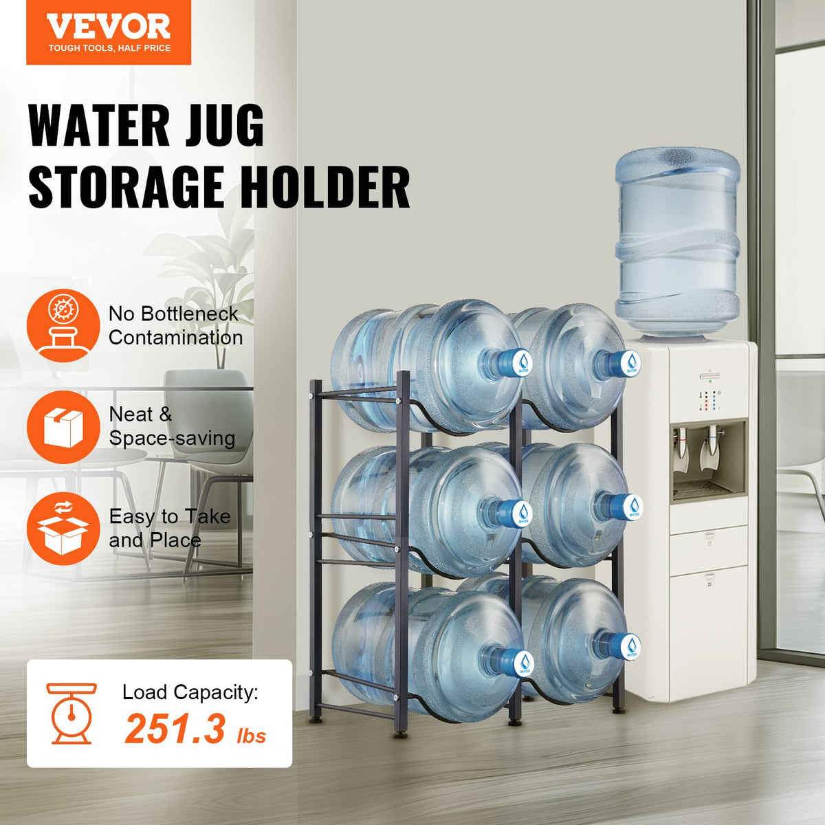 VEVOR 3 Tiers Water Jug Holder, 5 Gallon Water Bottle Holder, Double Row Water Bottle Rack for 6 Bottles, Heavy Duty Water Jug Rack for Kitchen, Office, Living Room, Black - 5JLTZSSTSTZCFE4HKV0 - view 3