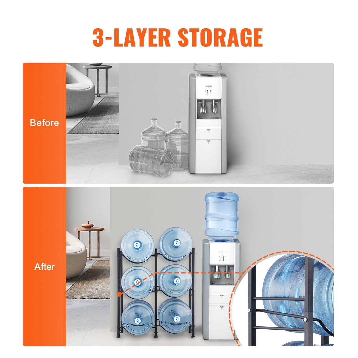VEVOR 3 Tiers Water Jug Holder, 5 Gallon Water Bottle Holder, Double Row Water Bottle Rack for 6 Bottles, Heavy Duty Water Jug Rack for Kitchen, Office, Living Room, Black - 5JLTZSSTSTZCFE4HKV0 - view 4