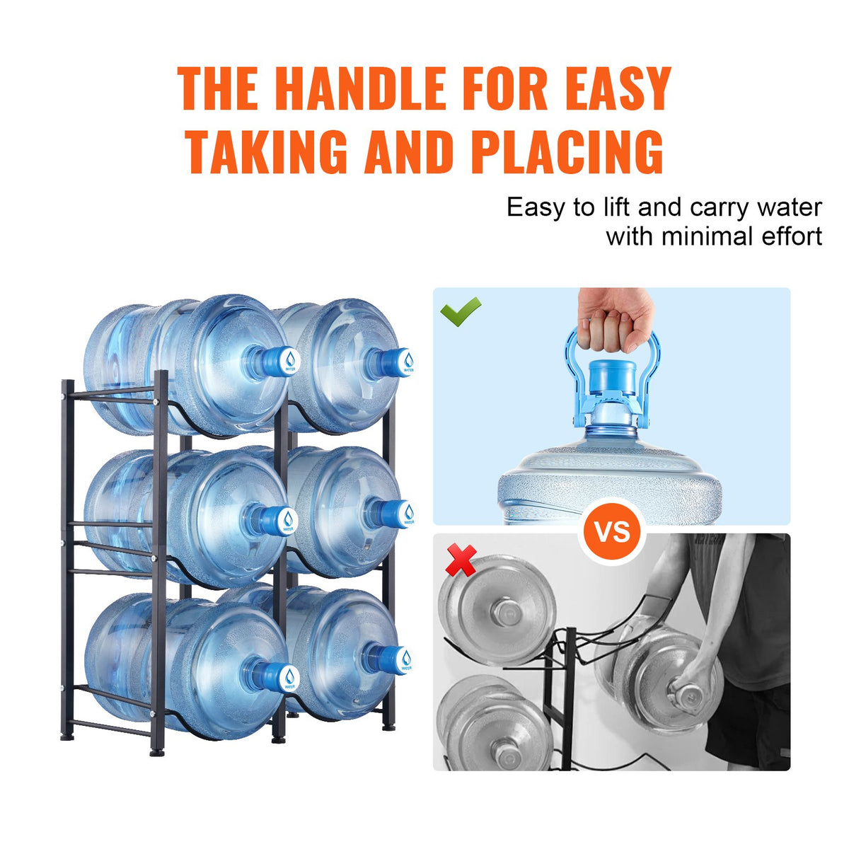 VEVOR 3 Tiers Water Jug Holder, 5 Gallon Water Bottle Holder, Double Row Water Bottle Rack for 6 Bottles, Heavy Duty Water Jug Rack for Kitchen, Office, Living Room, Black - 5JLTZSSTSTZCFE4HKV0 - view 7