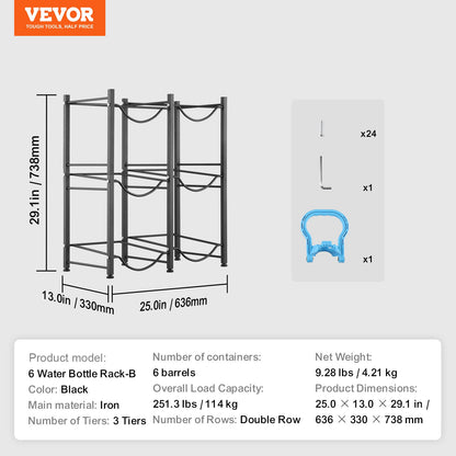 VEVOR 3 Tiers Water Jug Holder, 5 Gallon Water Bottle Holder, Double Row Water Bottle Rack for 6 Bottles, Heavy Duty Water Jug Rack for Kitchen, Office, Living Room, Black - 5JLTZSSTSTZCFE4HKV0 - view 8