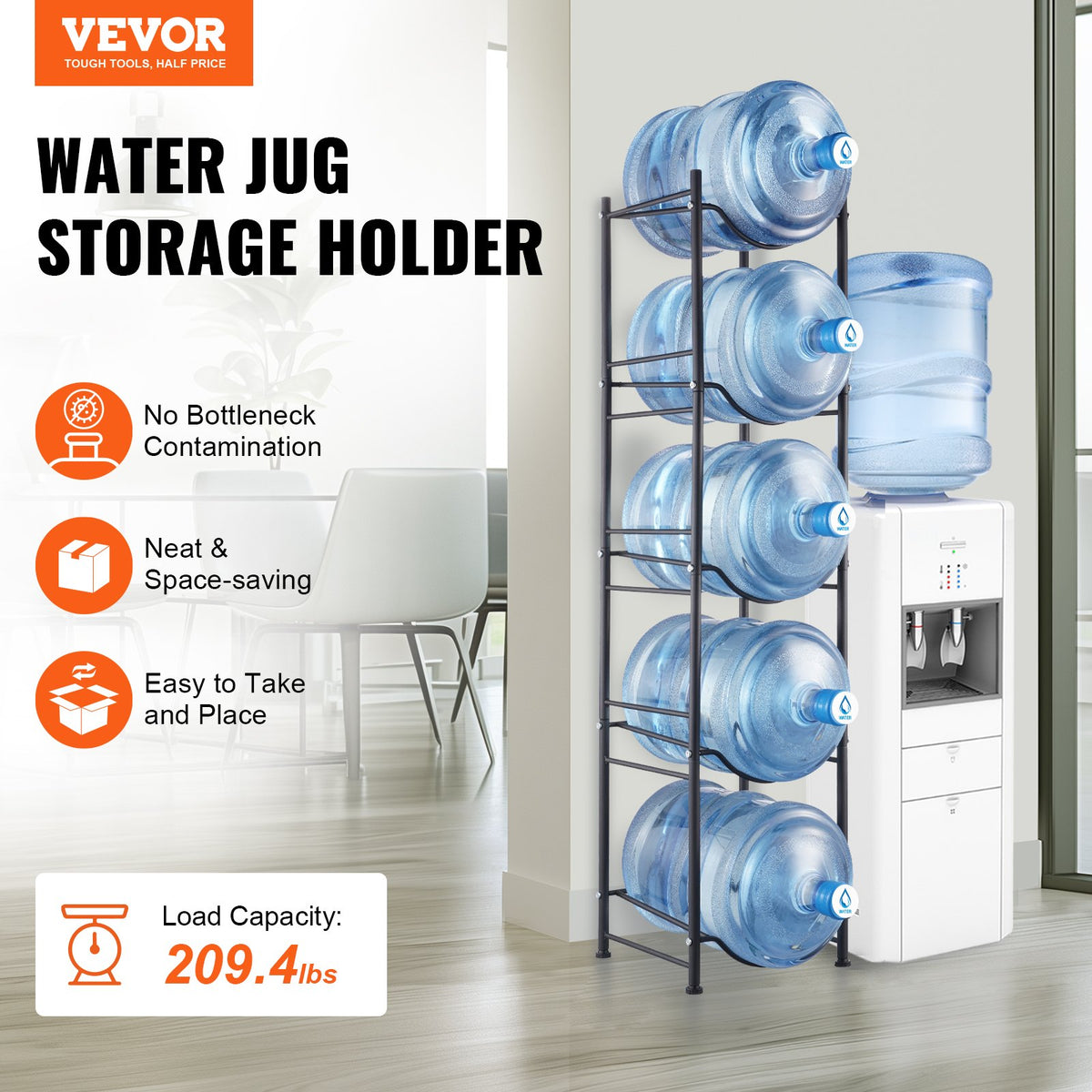 VEVOR 5 Tiers Water Jug Holder, 5 Gallon Water Bottle Holder, Single Row Water Bottle Rack for 5 Bottles, Heavy Duty Water Jug Rack for Kitchen, Office, Living Room, Black - 5JLTZSSTSTZCIZWDLV0 - view 3