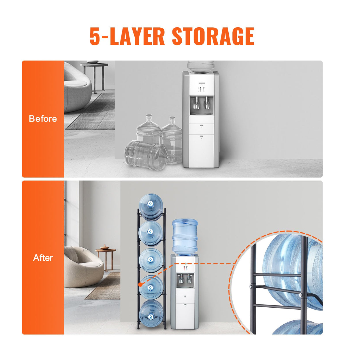 VEVOR 5 Tiers Water Jug Holder, 5 Gallon Water Bottle Holder, Single Row Water Bottle Rack for 5 Bottles, Heavy Duty Water Jug Rack for Kitchen, Office, Living Room, Black - 5JLTZSSTSTZCIZWDLV0 - view 4