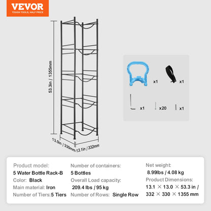 VEVOR 5 Tiers Water Jug Holder, 5 Gallon Water Bottle Holder, Single Row Water Bottle Rack for 5 Bottles, Heavy Duty Water Jug Rack for Kitchen, Office, Living Room, Black - 5JLTZSSTSTZCIZWDLV0 - view 8