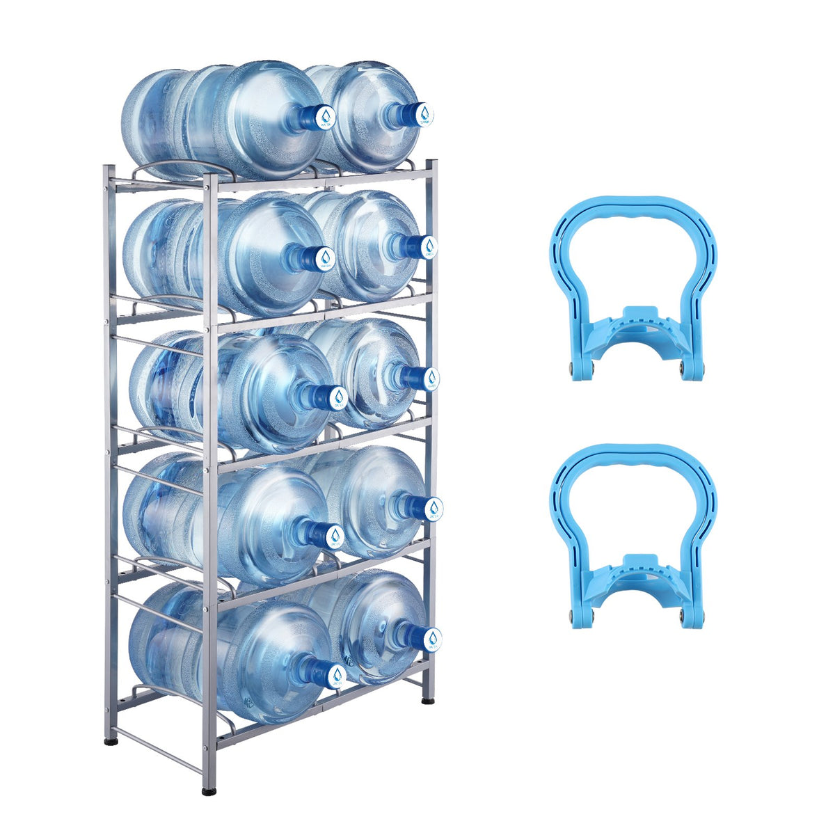 VEVOR 5 Tiers Water Jug Holder, 5 Gallon Water Bottle Holder, Double Row Water Bottle Rack for 10 Bottles, Heavy Duty Water Jug Rack for Kitchen, Office, Living Room, Silver Gray - 5JLTZSSTSTZCL7OHRV0 - view 1