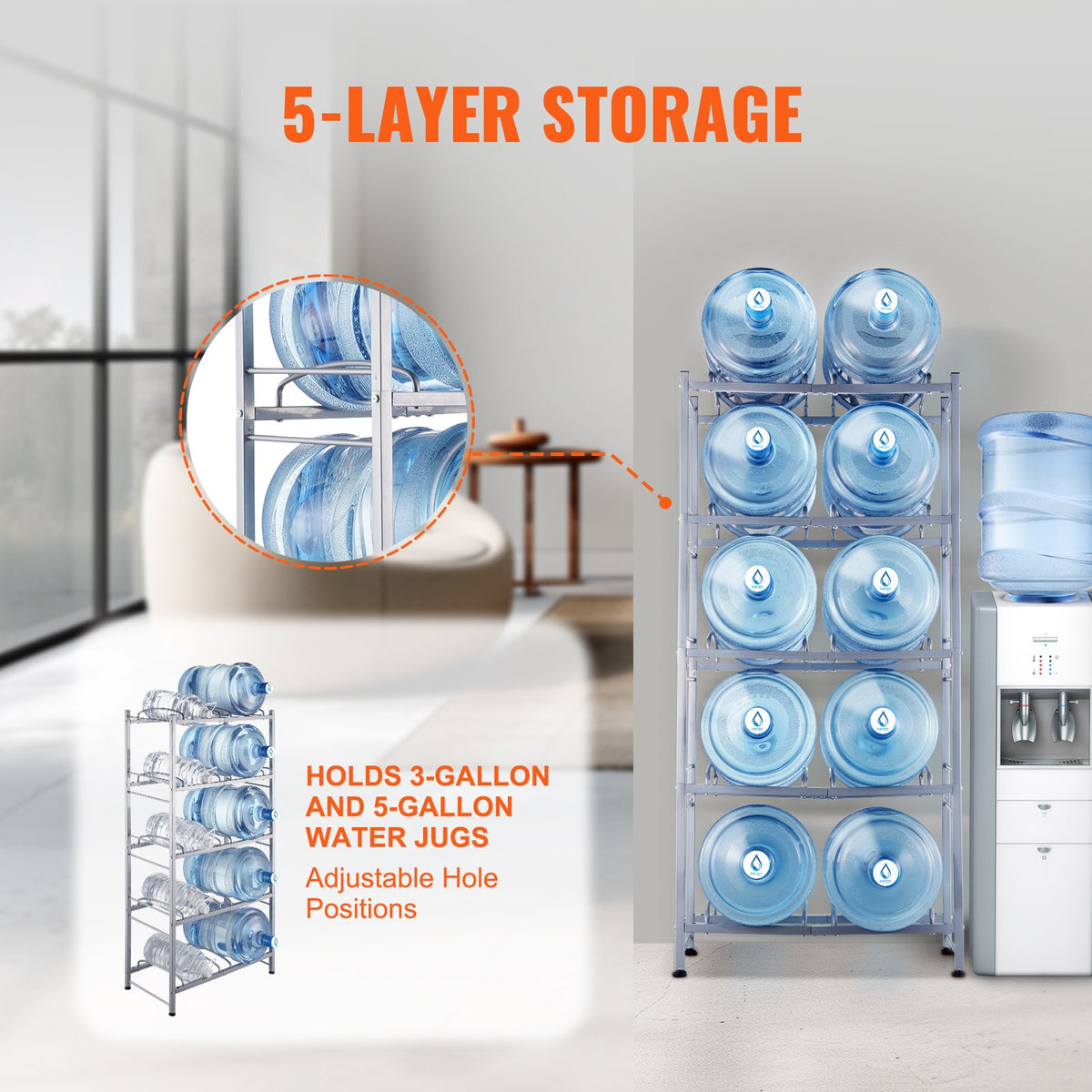 VEVOR 5 Tiers Water Jug Holder, 5 Gallon Water Bottle Holder, Double Row Water Bottle Rack for 10 Bottles, Heavy Duty Water Jug Rack for Kitchen, Office, Living Room, Silver Gray - 5JLTZSSTSTZCL7OHRV0 - view 4