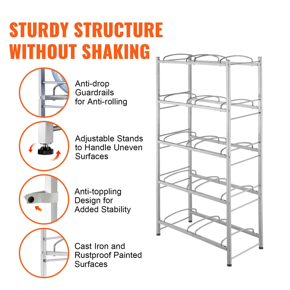 VEVOR 5 Tiers Water Jug Holder, 5 Gallon Water Bottle Holder, Double Row Water Bottle Rack for 10 Bottles, Heavy Duty Water Jug Rack for Kitchen, Office, Living Room, Silver Gray - 5JLTZSSTSTZCL7OHRV0 - view 6