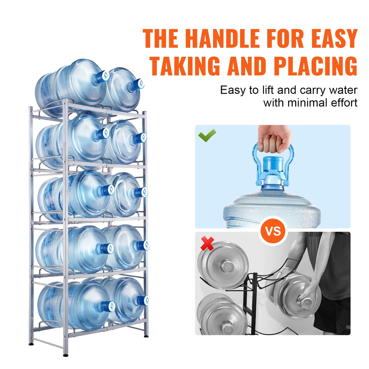 VEVOR 5 Tiers Water Jug Holder, 5 Gallon Water Bottle Holder, Double Row Water Bottle Rack for 10 Bottles, Heavy Duty Water Jug Rack for Kitchen, Office, Living Room, Silver Gray - 5JLTZSSTSTZCL7OHRV0 - view 7