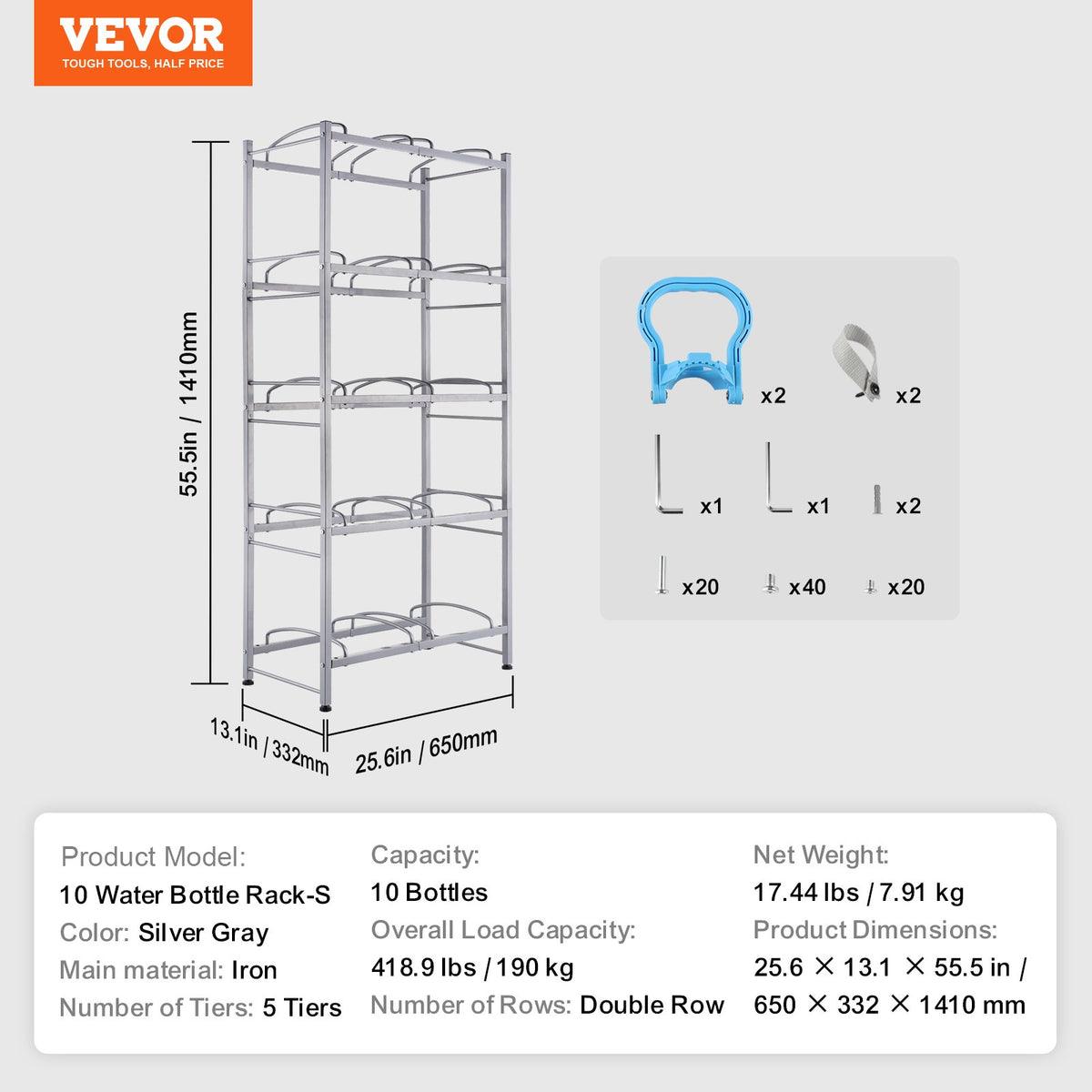 VEVOR 5 Tiers Water Jug Holder, 5 Gallon Water Bottle Holder, Double Row Water Bottle Rack for 10 Bottles, Heavy Duty Water Jug Rack for Kitchen, Office, Living Room, Silver Gray - 5JLTZSSTSTZCL7OHRV0 - view 8