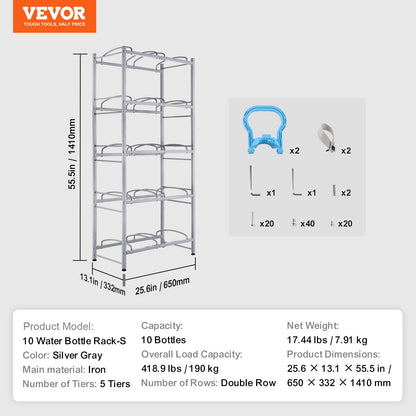 VEVOR 5 Tiers Water Jug Holder, 5 Gallon Water Bottle Holder, Double Row Water Bottle Rack for 10 Bottles, Heavy Duty Water Jug Rack for Kitchen, Office, Living Room, Silver Gray - 5JLTZSSTSTZCL7OHRV0 - view 8