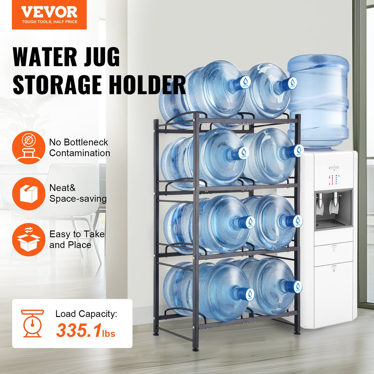 VEVOR 4 Tiers Water Jug Holder, 5 Gallon Water Bottle Holder, Double Row Water Bottle Rack for 8 Bottles, Heavy Duty Water Jug Rack for Kitchen, Office, Living Room, Black - 5JLTZSSTSTZCX729CV0 - view 3
