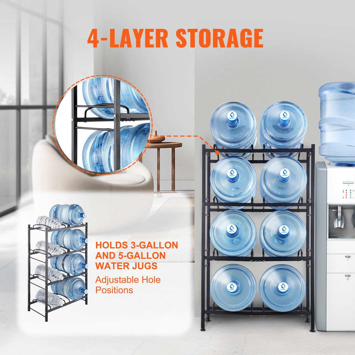 VEVOR 4 Tiers Water Jug Holder, 5 Gallon Water Bottle Holder, Double Row Water Bottle Rack for 8 Bottles, Heavy Duty Water Jug Rack for Kitchen, Office, Living Room, Black - 5JLTZSSTSTZCX729CV0 - view 4