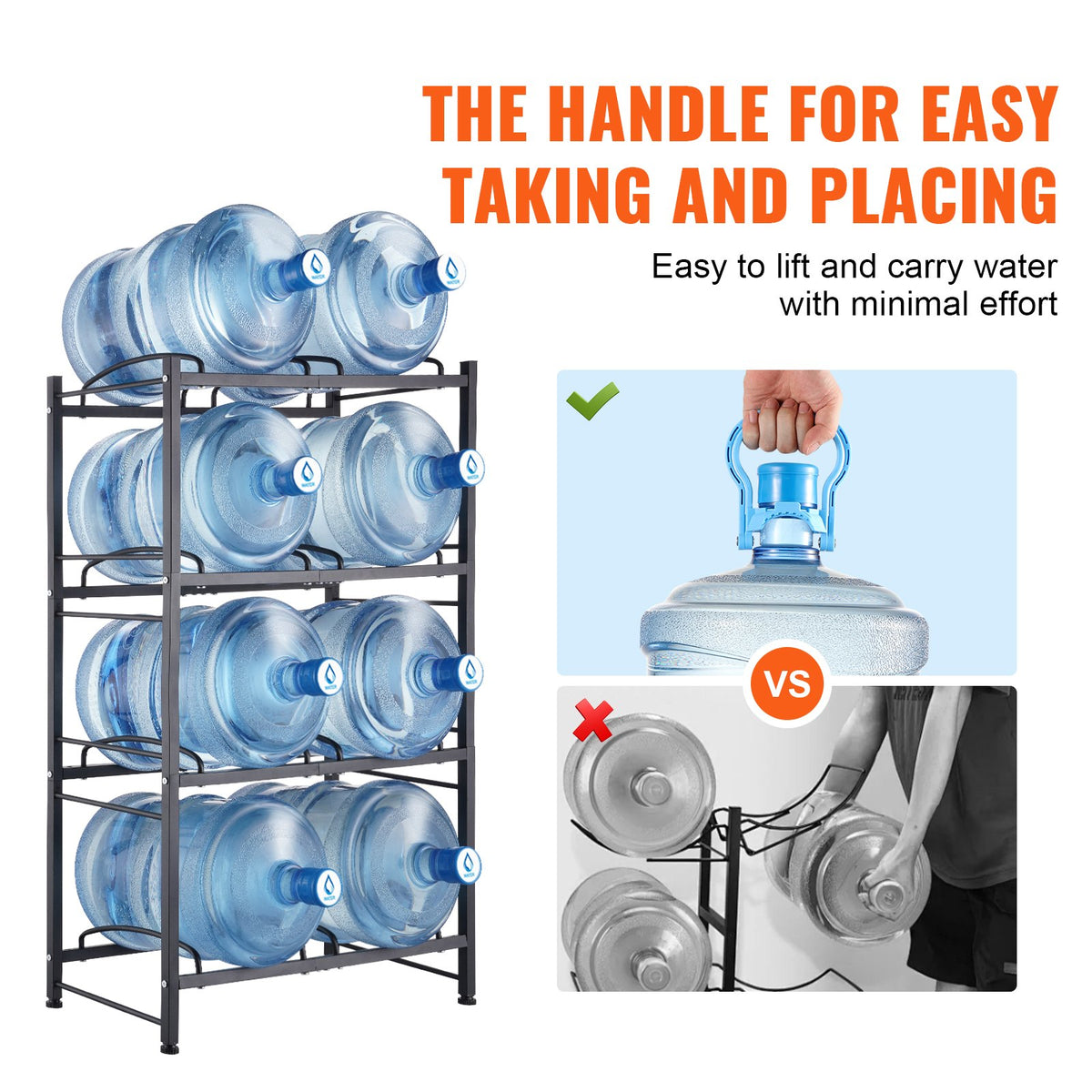 VEVOR 4 Tiers Water Jug Holder, 5 Gallon Water Bottle Holder, Double Row Water Bottle Rack for 8 Bottles, Heavy Duty Water Jug Rack for Kitchen, Office, Living Room, Black - 5JLTZSSTSTZCX729CV0 - view 7