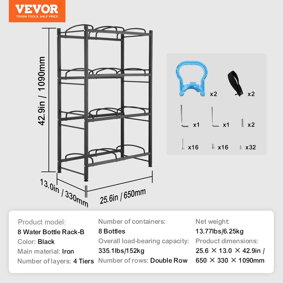 VEVOR 4 Tiers Water Jug Holder, 5 Gallon Water Bottle Holder, Double Row Water Bottle Rack for 8 Bottles, Heavy Duty Water Jug Rack for Kitchen, Office, Living Room, Black - 5JLTZSSTSTZCX729CV0 - view 8