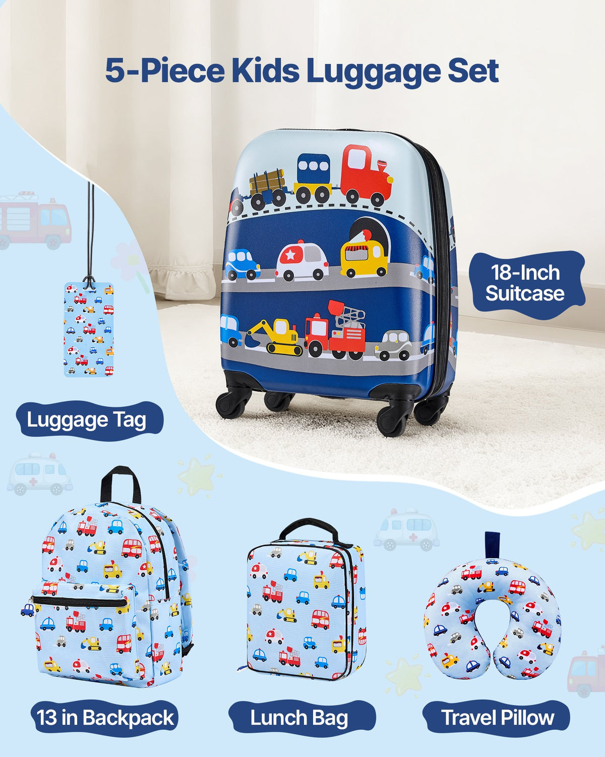 VEVOR Kids Luggage Set, 5 Piece, 18 Inch Hardside Rolling Wheels Suitcase with Backpack & U-shape Pillow, Truck Kids Carry on Luggage Set, Holiday Birthday Gift for Girls Boys, Airline Approved - 5JTETXLX5PCSL7TXG001V0 - view 3