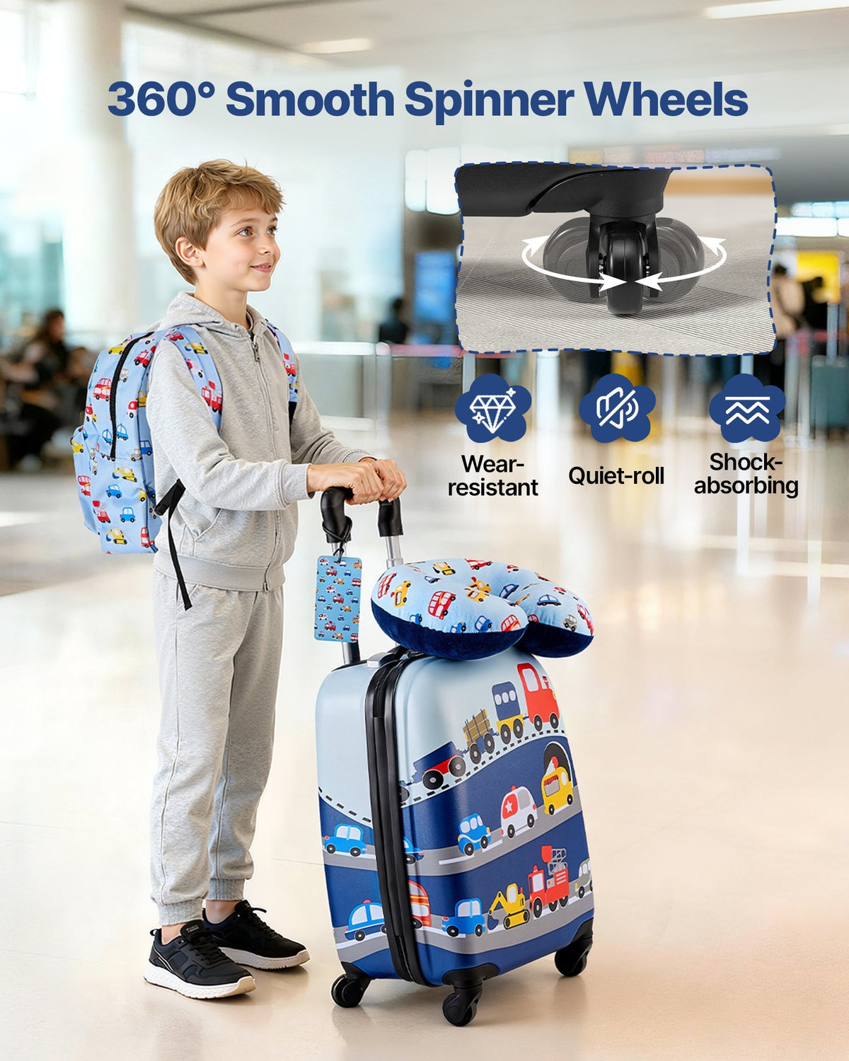VEVOR Kids Luggage Set, 5 Piece, 18 Inch Hardside Rolling Wheels Suitcase with Backpack & U-shape Pillow, Truck Kids Carry on Luggage Set, Holiday Birthday Gift for Girls Boys, Airline Approved - 5JTETXLX5PCSL7TXG001V0 - view 5