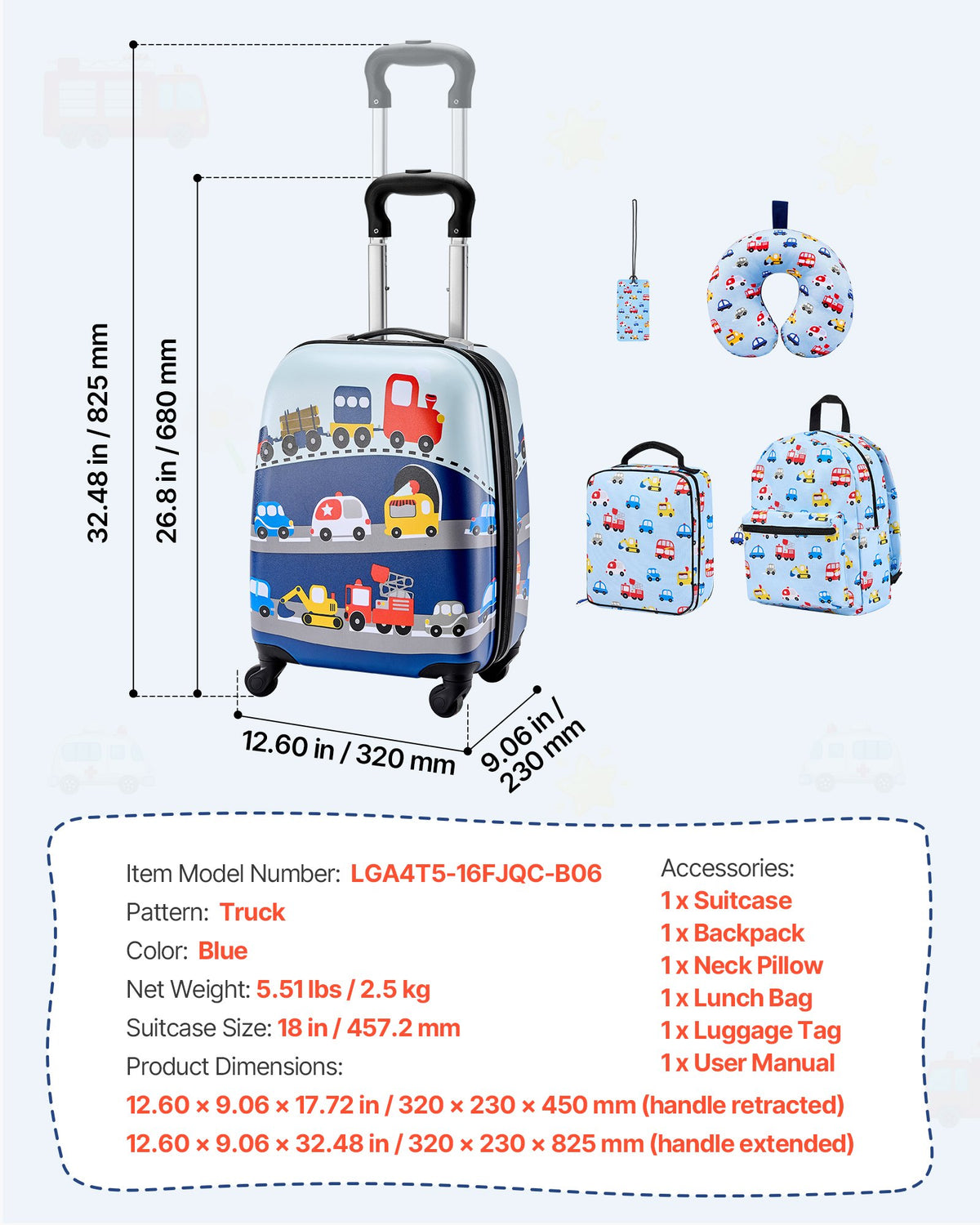 VEVOR Kids Luggage Set, 5 Piece, 18 Inch Hardside Rolling Wheels Suitcase with Backpack & U-shape Pillow, Truck Kids Carry on Luggage Set, Holiday Birthday Gift for Girls Boys, Airline Approved - 5JTETXLX5PCSL7TXG001V0 - view 8