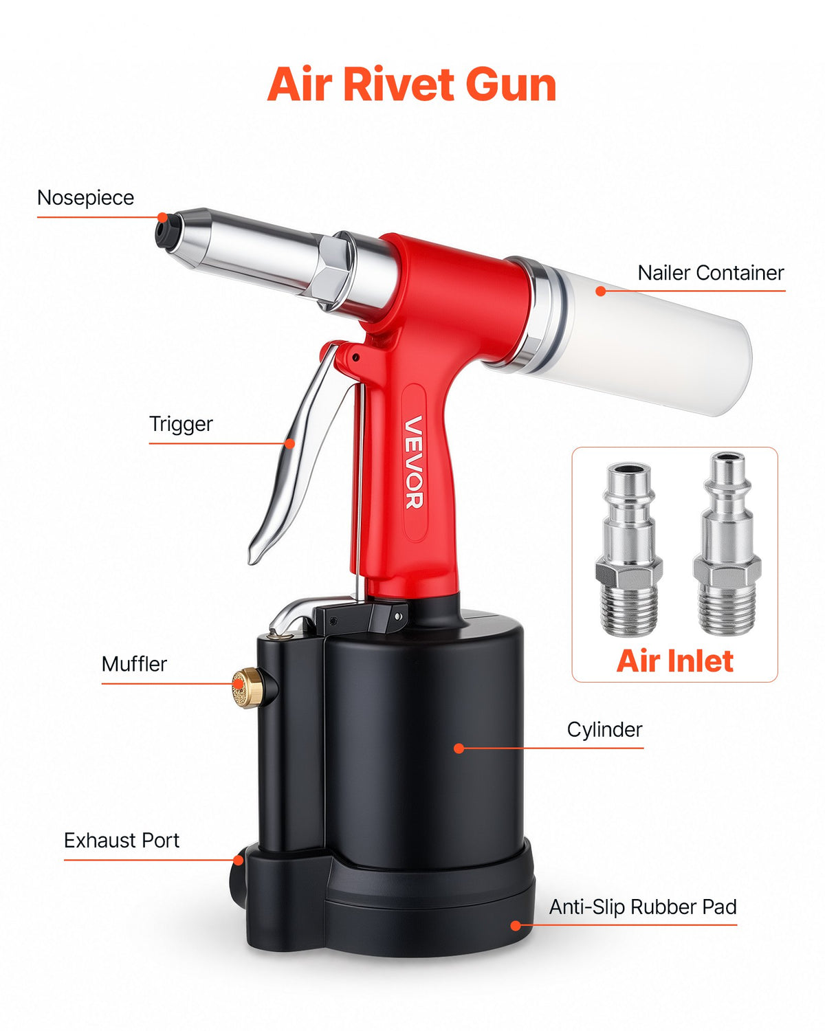 VEVOR Pneumatic Rivet Gun Kit with 3/32" 1/8" 5/32" 3/16" 1/4" Nosepieces, 3924 LBS Pulling Force, 3-Claw Secure Grip, Air Pop Riveter Tool for Automotive, Construction, Industrial Manufacturing - 5Q0KYS2G9D1PEHQUV002V0 - view 6