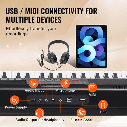 VEVOR 61 Key Digital Keyboard Piano, Lighted Keys, Electric Portable Piano with Adjustable Stand 600 Tones 500 Rhythms Built-In Speakers Sustain Pedal Headphones, USB MIDI for Beginners - 61JBPZSMGQ619P9RUV9 - view 5