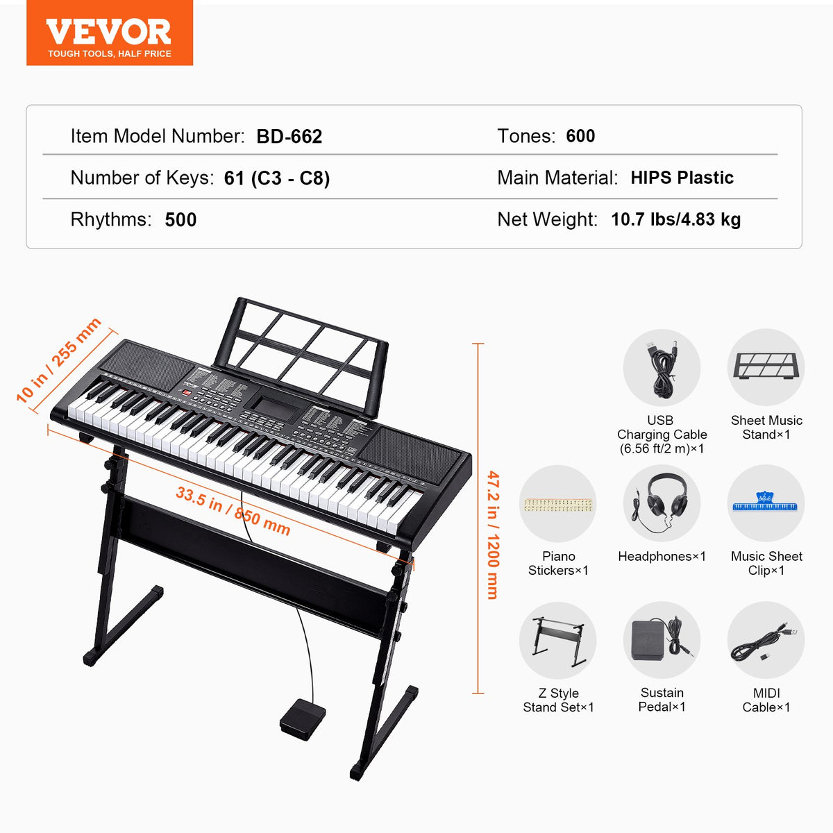 VEVOR 61 Key Digital Keyboard Piano, Lighted Keys, Electric Portable Piano with Adjustable Stand 600 Tones 500 Rhythms Built-In Speakers Sustain Pedal Headphones, USB MIDI for Beginners - 61JBPZSMGQ619P9RUV9 - view 8