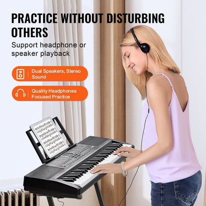 VEVOR 61 Key Digital Keyboard Piano, 200 Tones 200 Rhythms, Electric Portable Piano Keyboard Kit with 60 Demo Songs Built-In Dual Speakers Headphones, Piano Stickers for Beginners Learning - 61JBPZSMGQ61JYYXMV9 - view 7