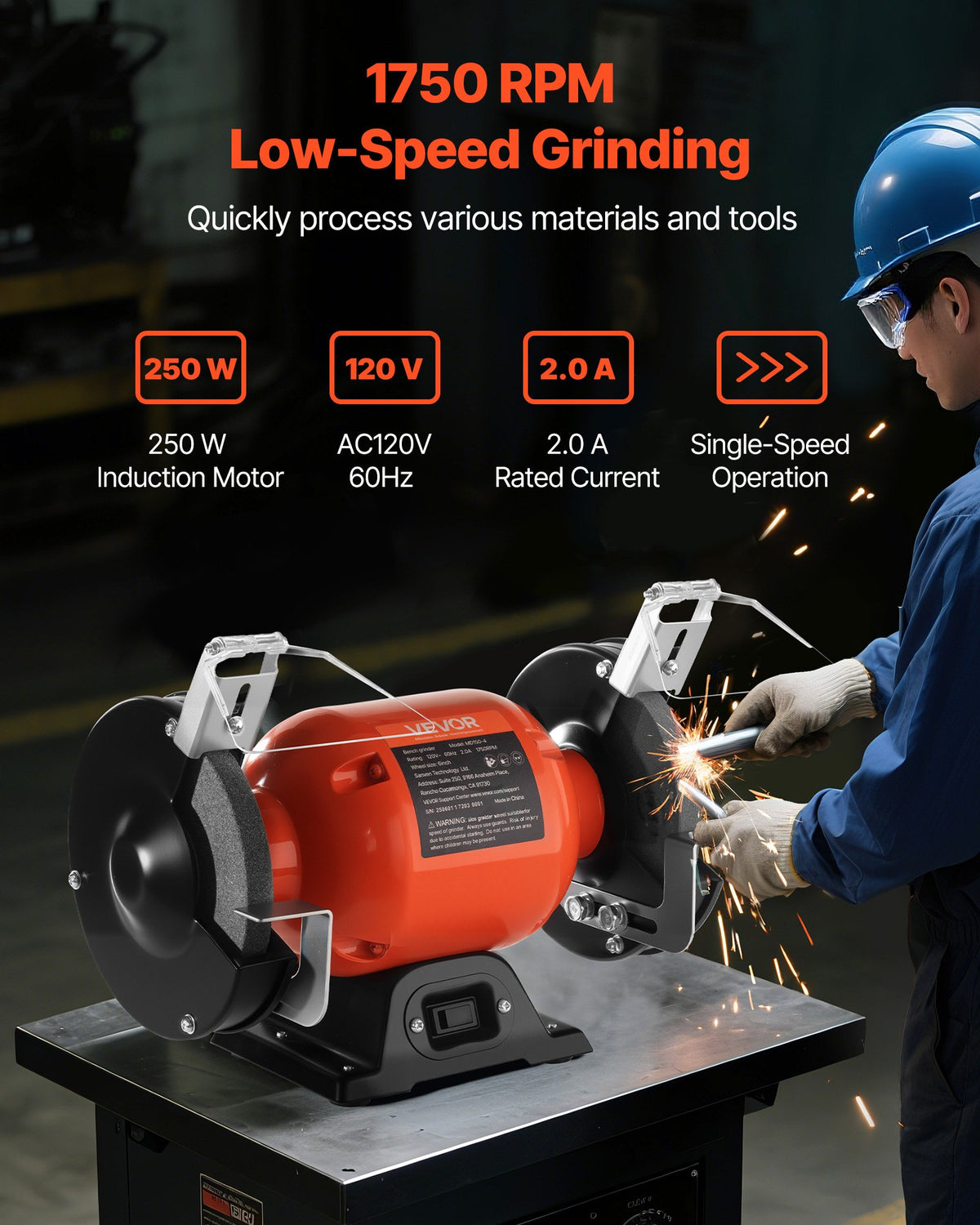 VEVOR Bench Grinder, 6-inch Single Speed Bench Grinder, 1750RPM Low-Speed Table Grinders with 250W 2A Induction Motor, 36/60-Grit Grinding Wheels & Adjustable Tool Rest for Precise Sharpening Grinding - 6INCHTSMCDS668HQS001V1 - view 3