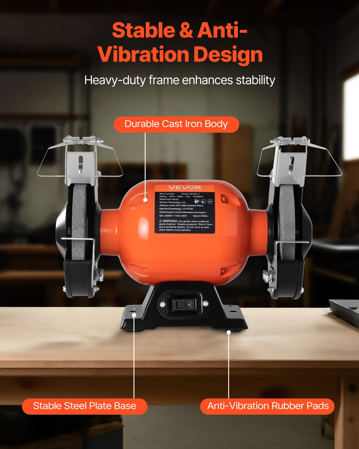 VEVOR Bench Grinder, 6-inch Single Speed Bench Grinder, 1750RPM Low-Speed Table Grinders with 250W 2A Induction Motor, 36/60-Grit Grinding Wheels & Adjustable Tool Rest for Precise Sharpening Grinding - 6INCHTSMCDS668HQS001V1 - view 7