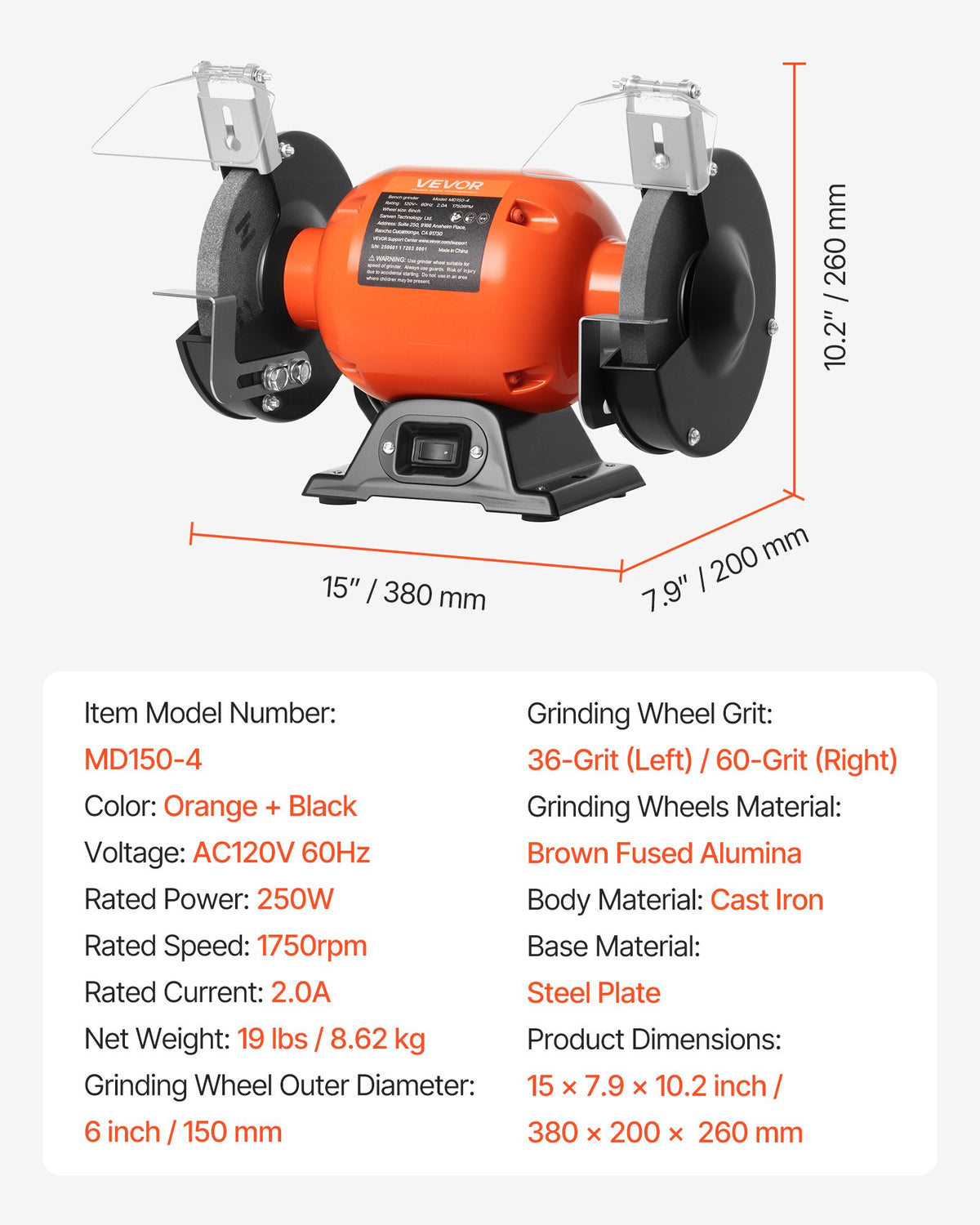 VEVOR Bench Grinder, 6-inch Single Speed Bench Grinder, 1750RPM Low-Speed Table Grinders with 250W 2A Induction Motor, 36/60-Grit Grinding Wheels & Adjustable Tool Rest for Precise Sharpening Grinding - 6INCHTSMCDS668HQS001V1 - view 8