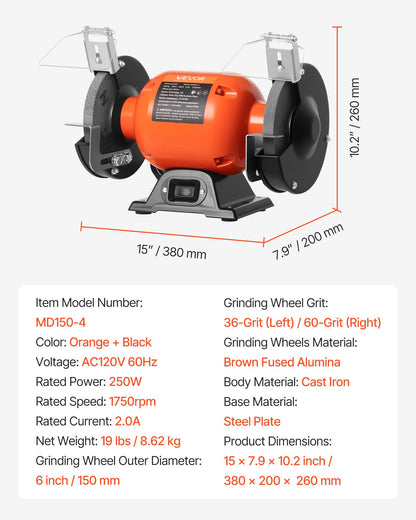 VEVOR Bench Grinder, 6-inch Single Speed Bench Grinder, 1750RPM Low-Speed Table Grinders with 250W 2A Induction Motor, 36/60-Grit Grinding Wheels & Adjustable Tool Rest for Precise Sharpening Grinding - 6INCHTSMCDS668HQS001V1 - view 8
