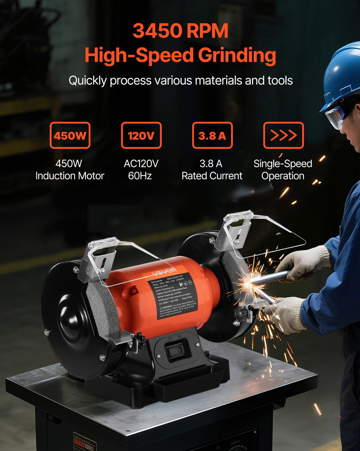 VEVOR Bench Grinder, 6-inch Single Speed Bench Grinder, 3450RPM High-Speed Table Grinders with 450W 3.8A Induction Motor, 36/60-Grit Grinding Wheel & Adjustable Eye Shield for Fast Sharpening Grinding - 6INCHTSMCDS6BUJK8001V1 - view 3