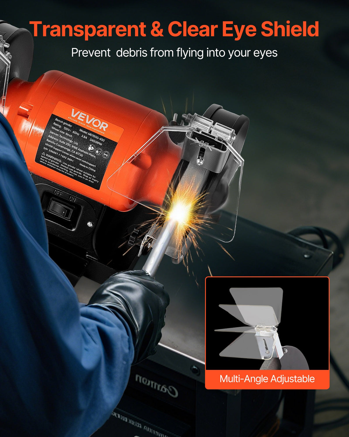 VEVOR Bench Grinder, 6-inch Single Speed Bench Grinder, 3450RPM High-Speed Table Grinders with 450W 3.8A Induction Motor, 36/60-Grit Grinding Wheel & Adjustable Eye Shield for Fast Sharpening Grinding - 6INCHTSMCDS6BUJK8001V1 - view 5