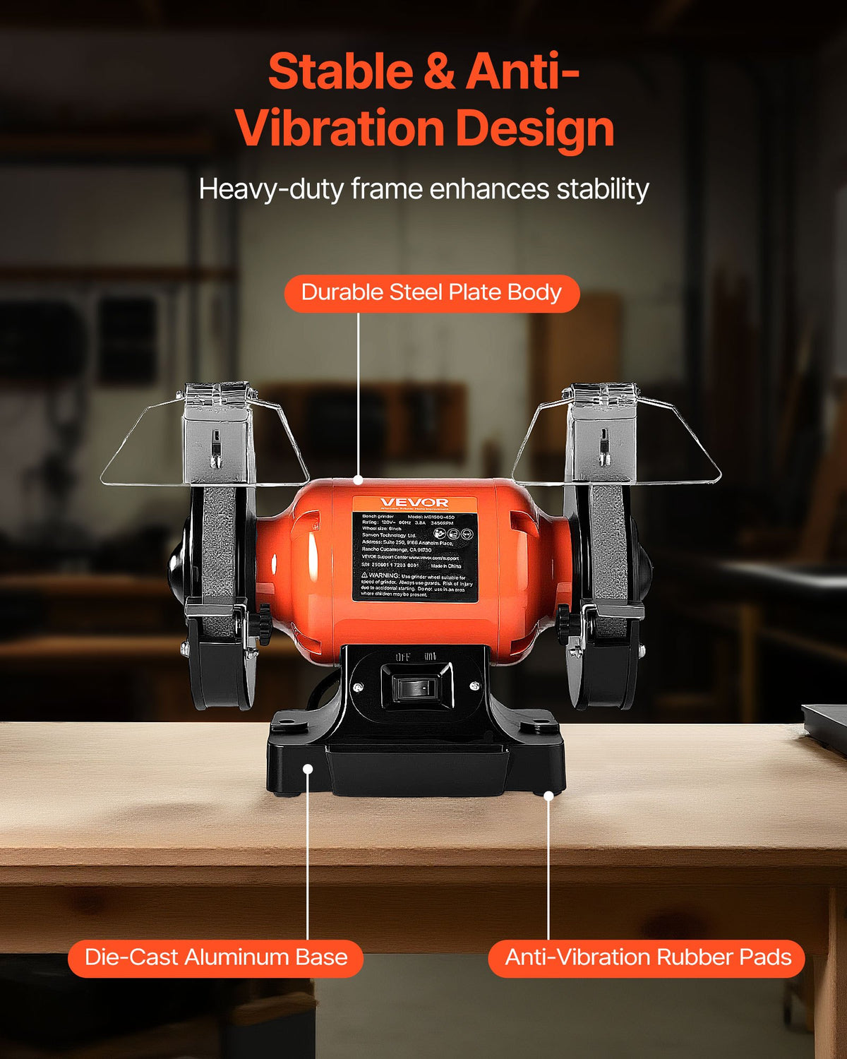 VEVOR Bench Grinder, 6-inch Single Speed Bench Grinder, 3450RPM High-Speed Table Grinders with 450W 3.8A Induction Motor, 36/60-Grit Grinding Wheel & Adjustable Eye Shield for Fast Sharpening Grinding - 6INCHTSMCDS6BUJK8001V1 - view 7