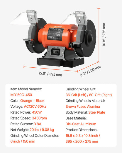 VEVOR Bench Grinder, 6-inch Single Speed Bench Grinder, 3450RPM High-Speed Table Grinders with 450W 3.8A Induction Motor, 36/60-Grit Grinding Wheel & Adjustable Eye Shield for Fast Sharpening Grinding - 6INCHTSMCDS6BUJK8001V1 - view 8