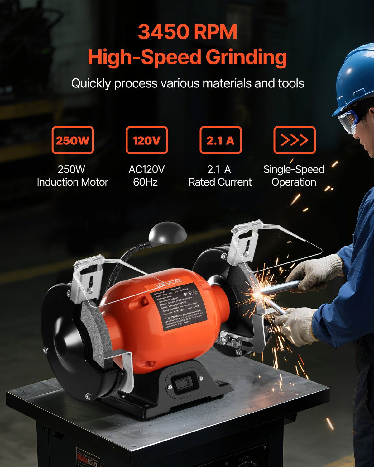 VEVOR Bench Grinder, 6-inch Single Speed Bench Grinder, 3450RPM High-Speed Table Grinders with 250W 2.1A Induction Motor, 36/60-Grit Grinding Wheels & LED Work Light for Fast Sharpening Grinding - 6INCHTSMCDS6X0MS7001V1 - view 3