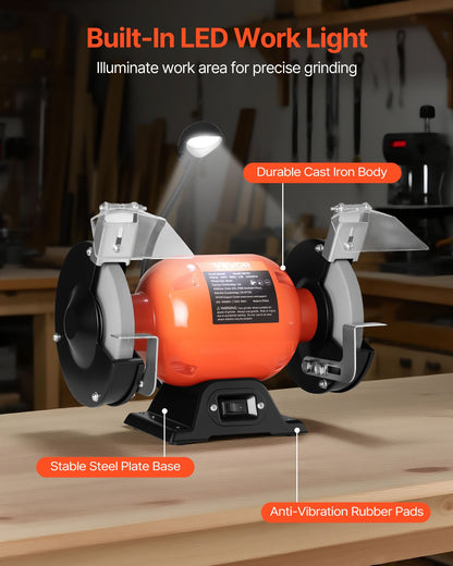 VEVOR Bench Grinder, 6-inch Single Speed Bench Grinder, 3450RPM High-Speed Table Grinders with 250W 2.1A Induction Motor, 36/60-Grit Grinding Wheels & LED Work Light for Fast Sharpening Grinding - 6INCHTSMCDS6X0MS7001V1 - view 7