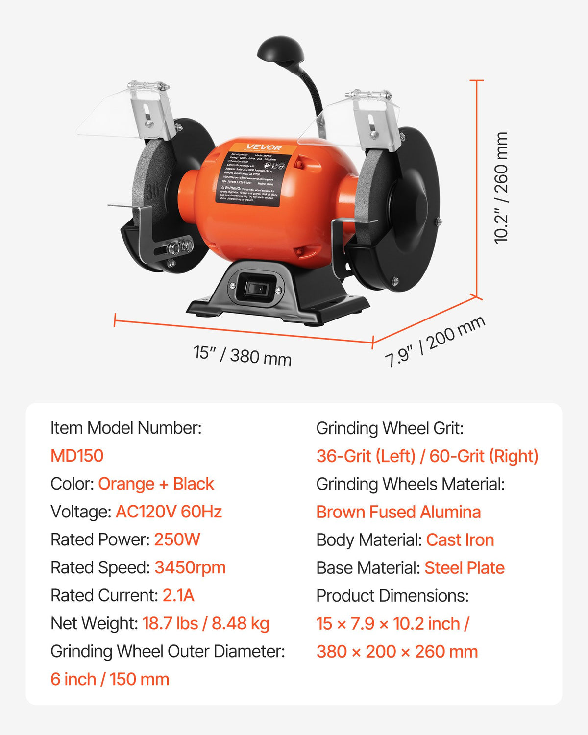 VEVOR Bench Grinder, 6-inch Single Speed Bench Grinder, 3450RPM High-Speed Table Grinders with 250W 2.1A Induction Motor, 36/60-Grit Grinding Wheels & LED Work Light for Fast Sharpening Grinding - 6INCHTSMCDS6X0MS7001V1 - view 8
