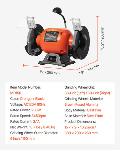 VEVOR Bench Grinder, 6-inch Single Speed Bench Grinder, 3450RPM High-Speed Table Grinders with 250W 2.1A Induction Motor, 36/60-Grit Grinding Wheels & LED Work Light for Fast Sharpening Grinding - 6INCHTSMCDS6X0MS7001V1 - view 8